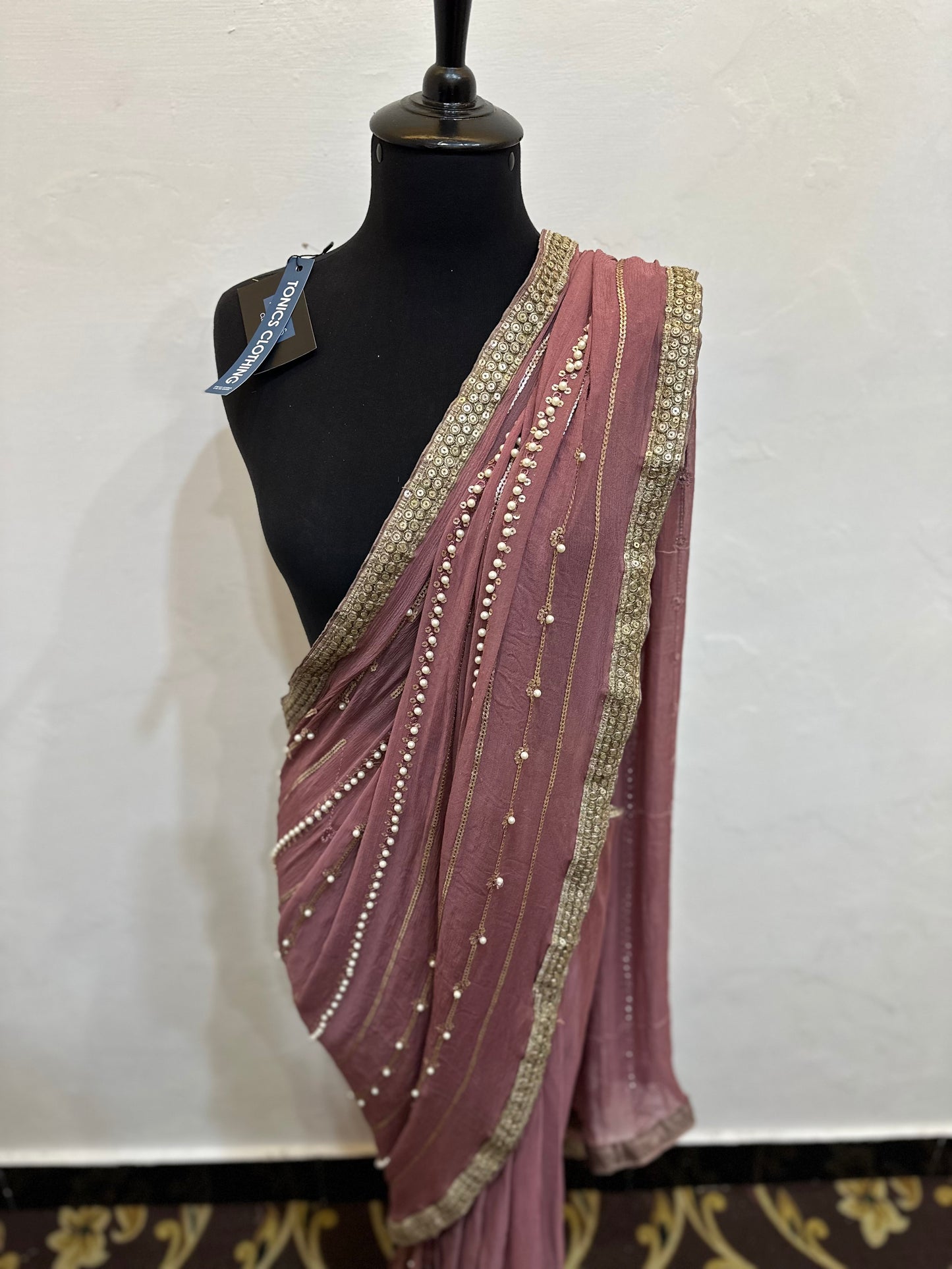 Chiffon saree with pearls work | silk blouse | stitched