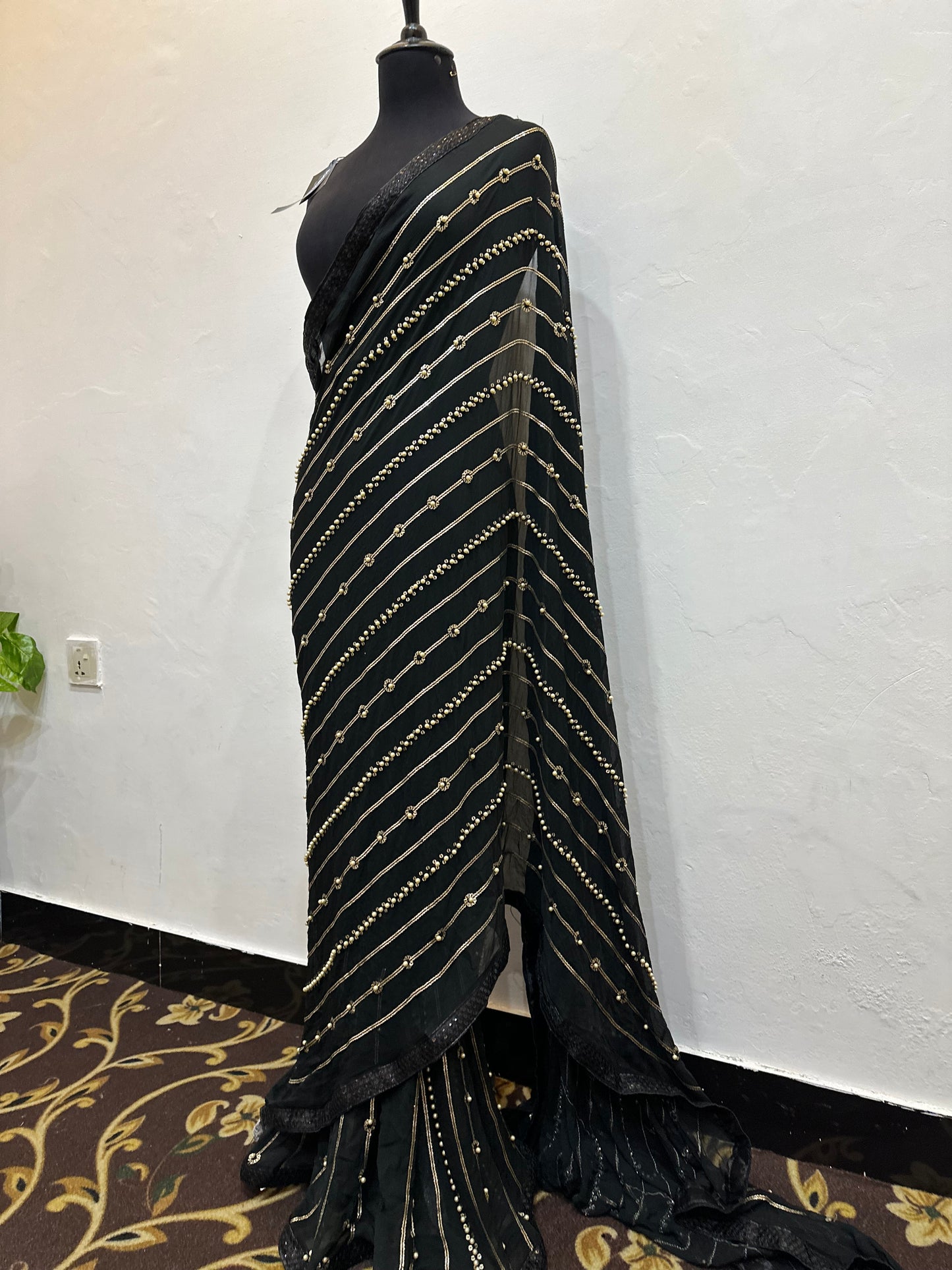 Black Pearls chiffon saree | Stitched