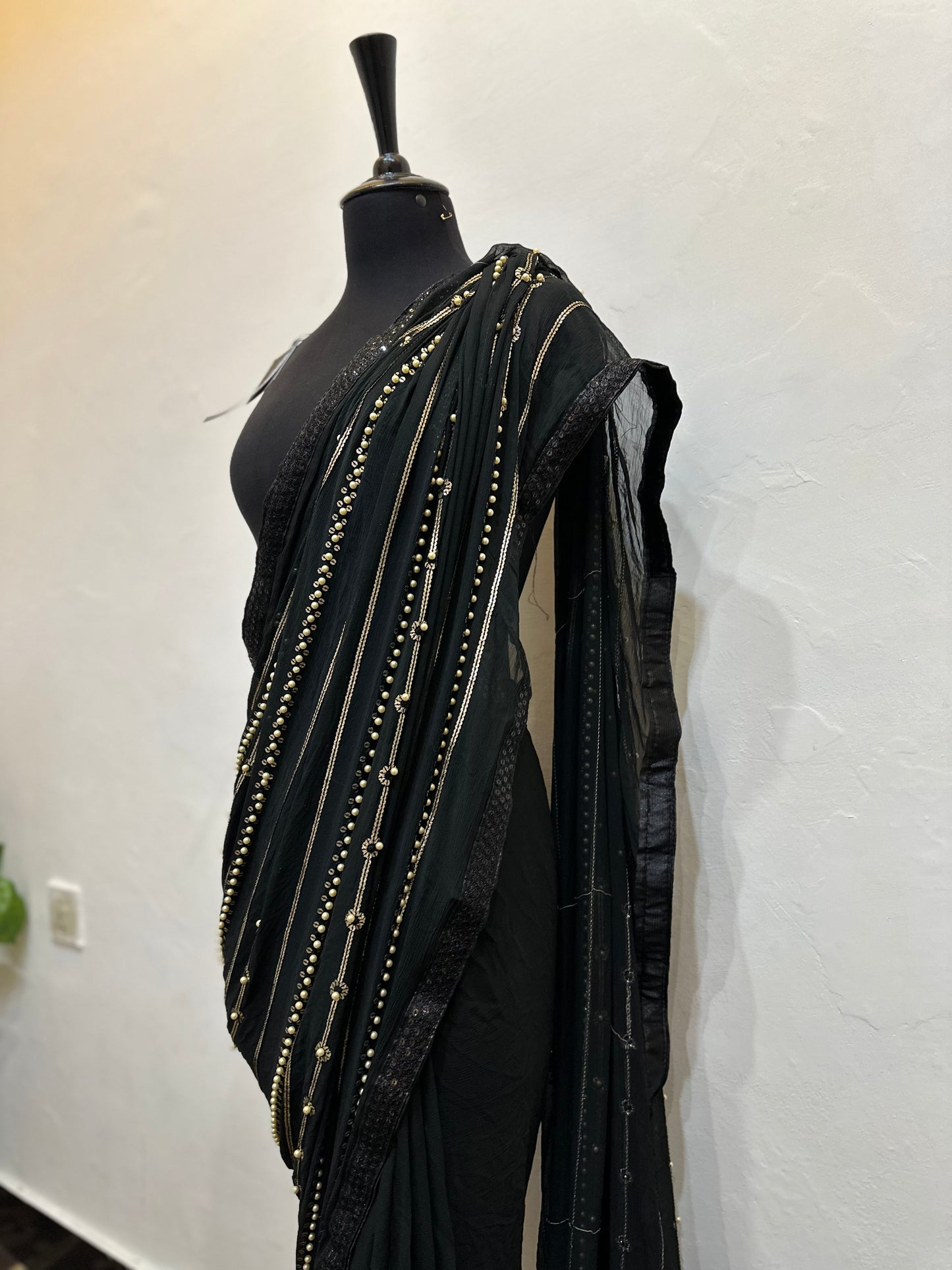 Black Pearls chiffon saree | Stitched