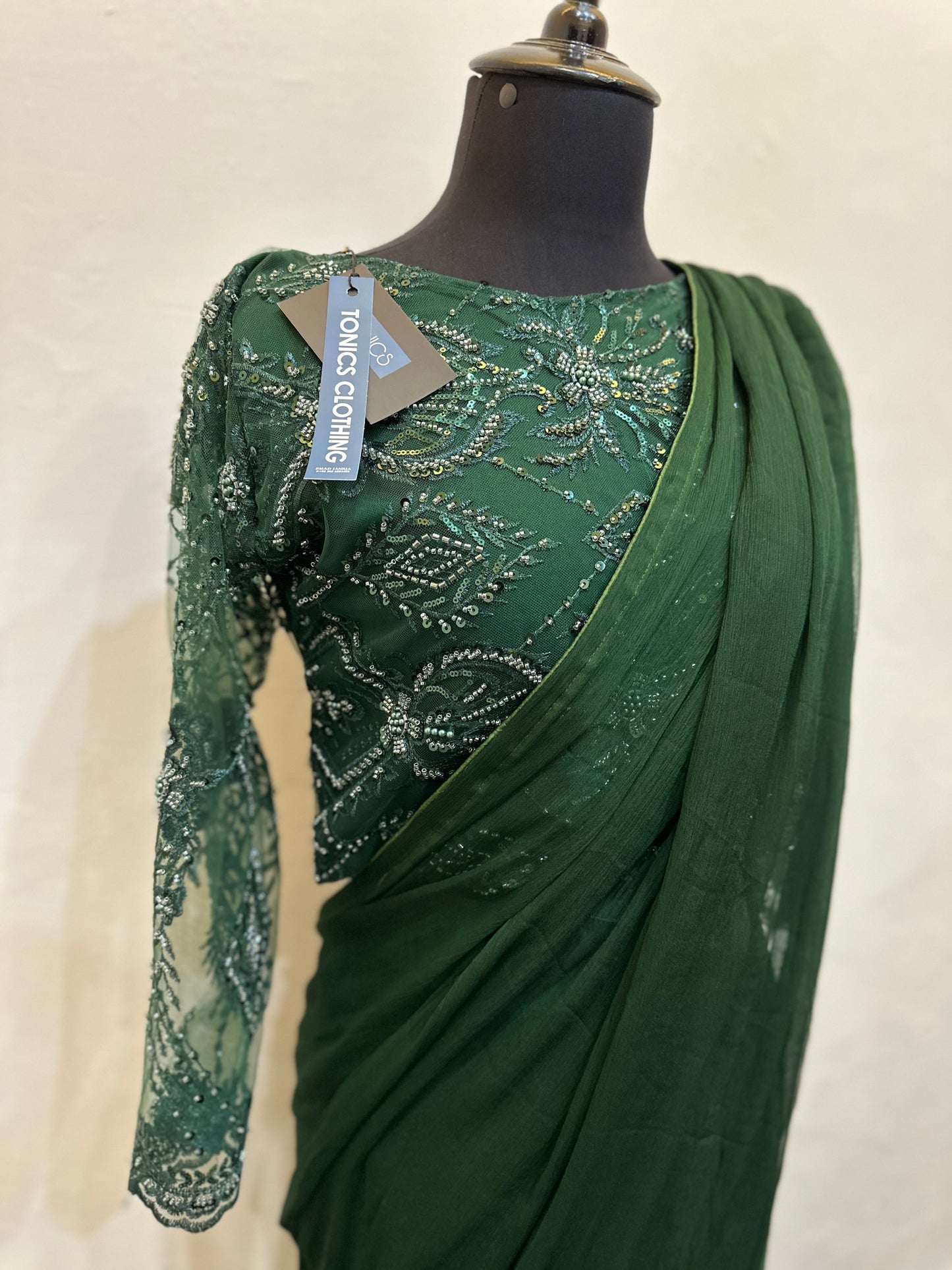 Chiffon Saree with cut moti work net blouse | Stitched