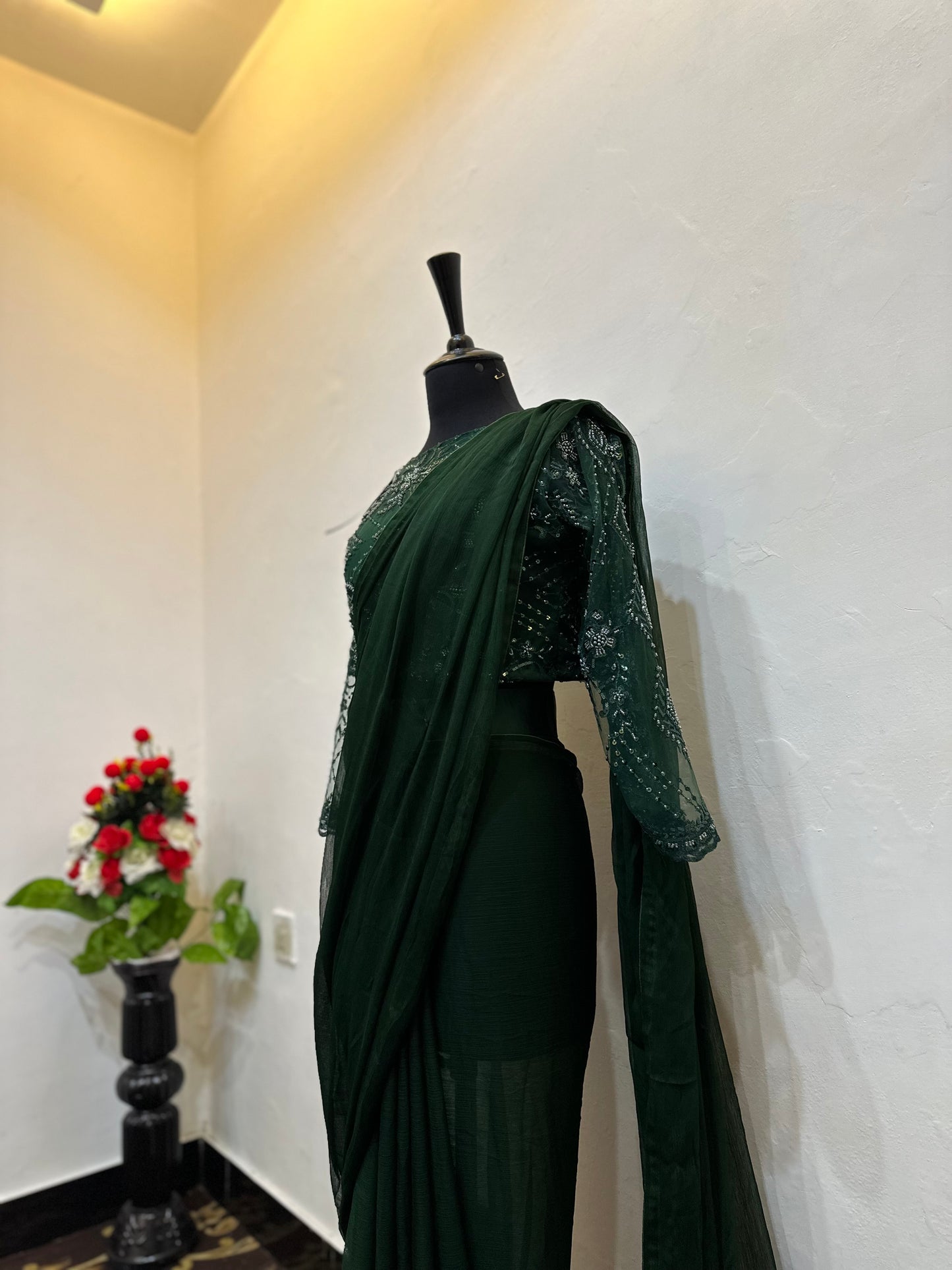Chiffon Saree with cut moti work net blouse | Stitched