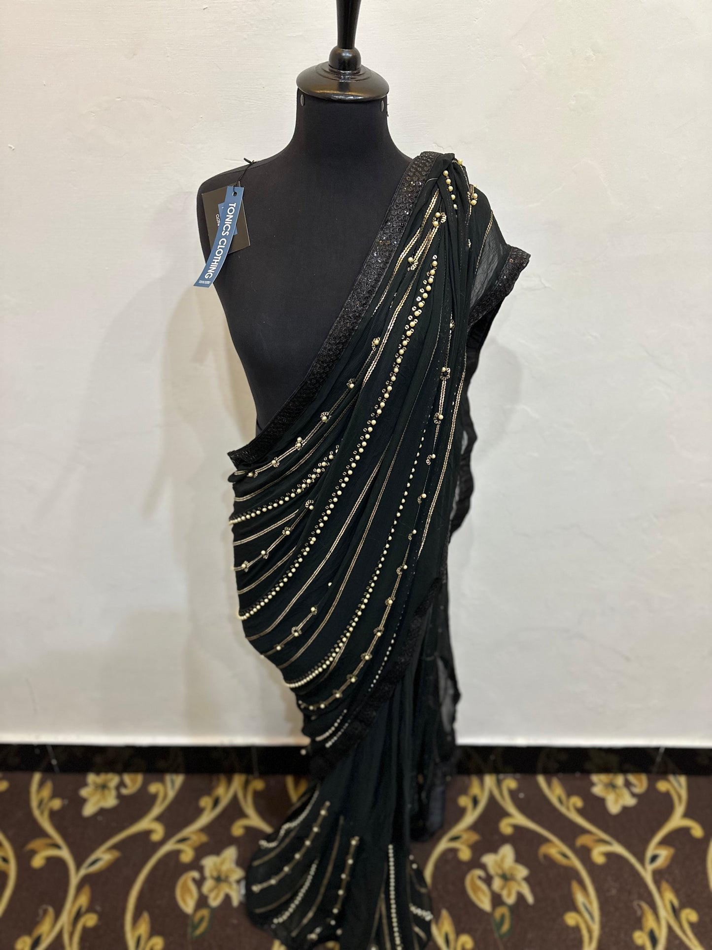 Black Pearls chiffon saree | Stitched