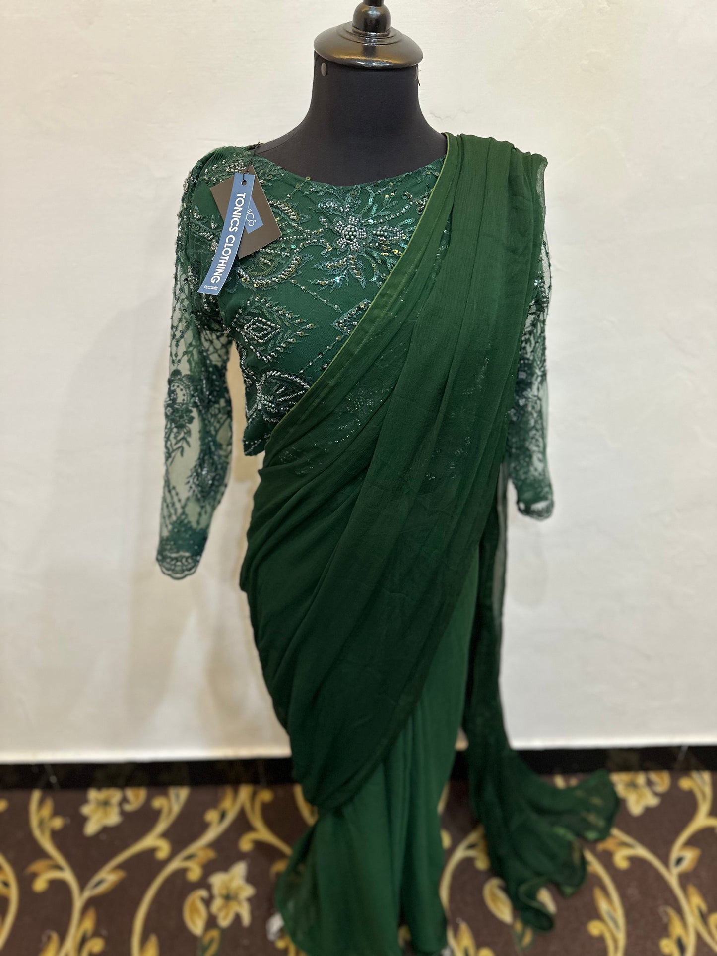Chiffon Saree with cut moti work net blouse | Stitched