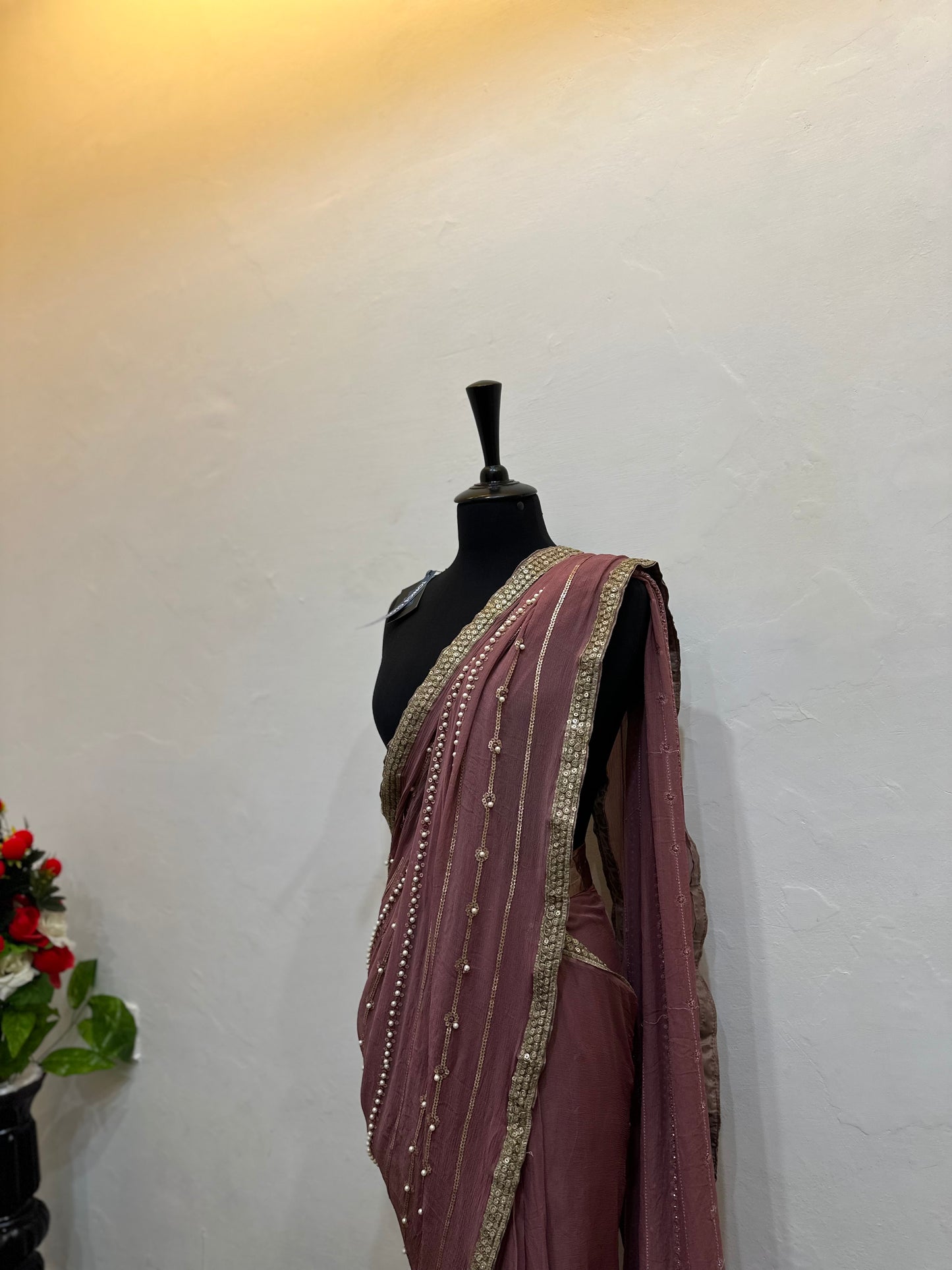 Chiffon saree with pearls work | silk blouse | stitched