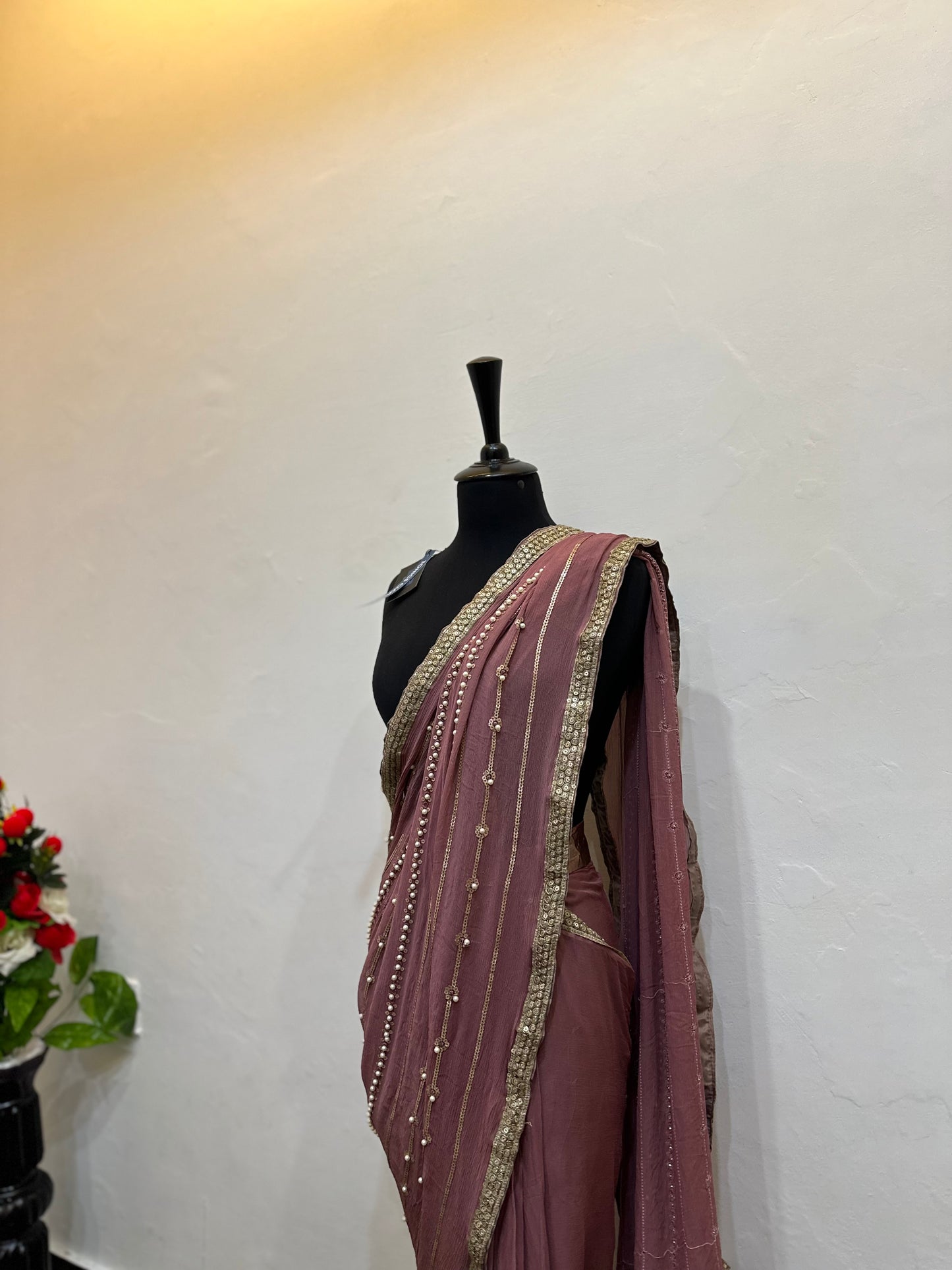 Chiffon saree with pearls work | silk blouse | stitched