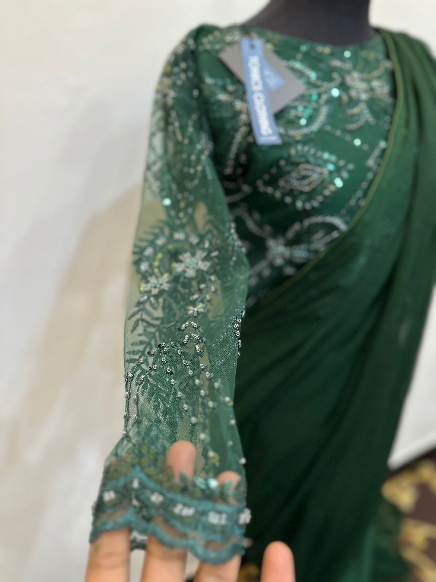 Chiffon Saree with cut moti work net blouse | Stitched