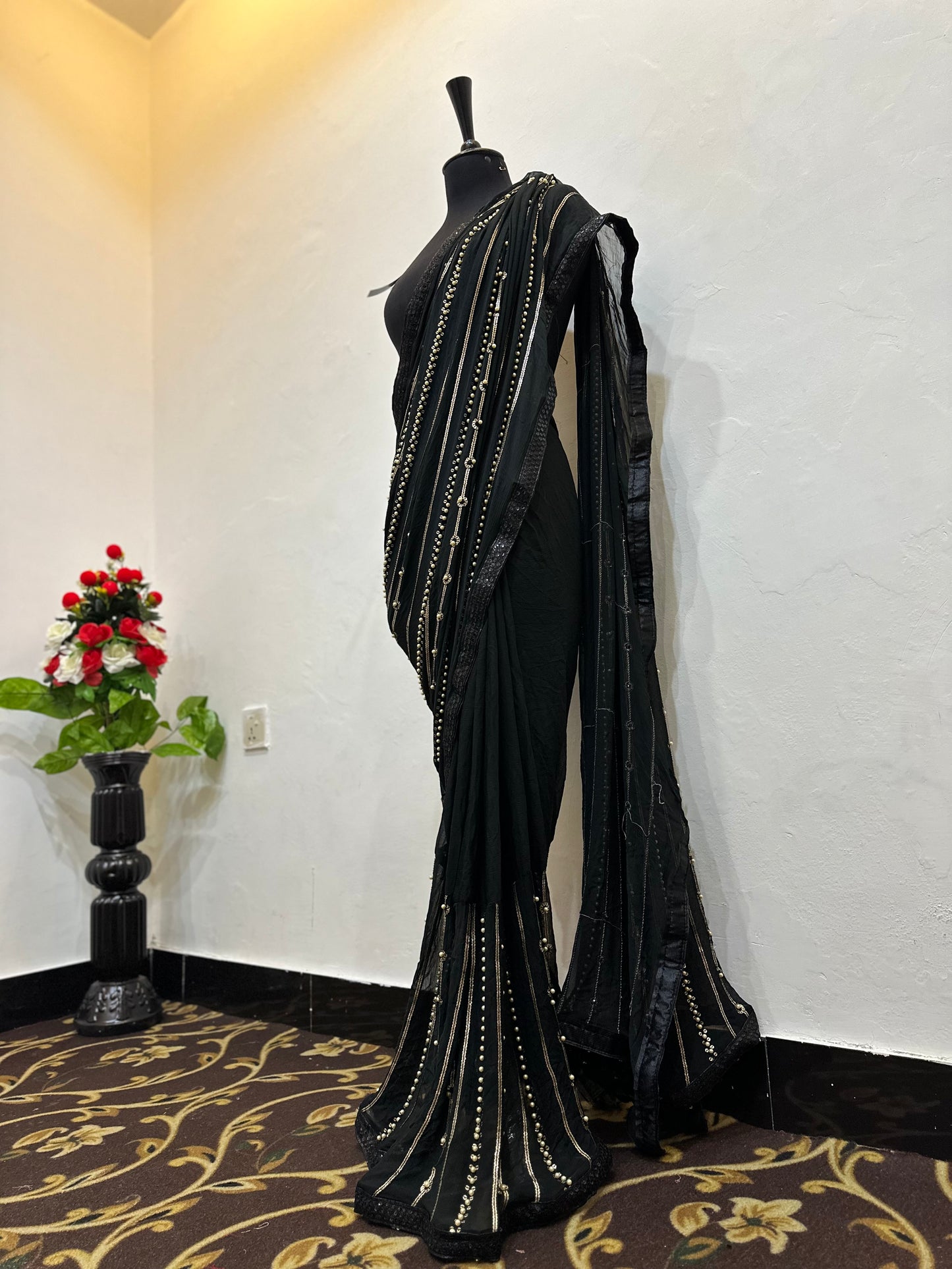 Black Pearls chiffon saree | Stitched