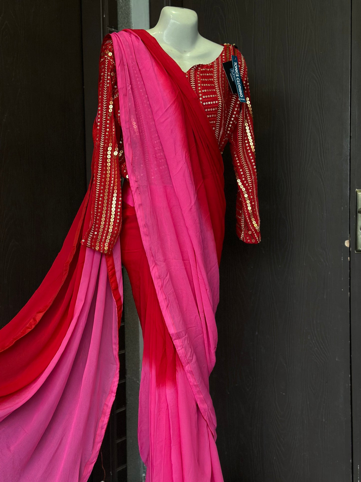 Georgette chiffon saree | Golden embroidery blouse | Stitched