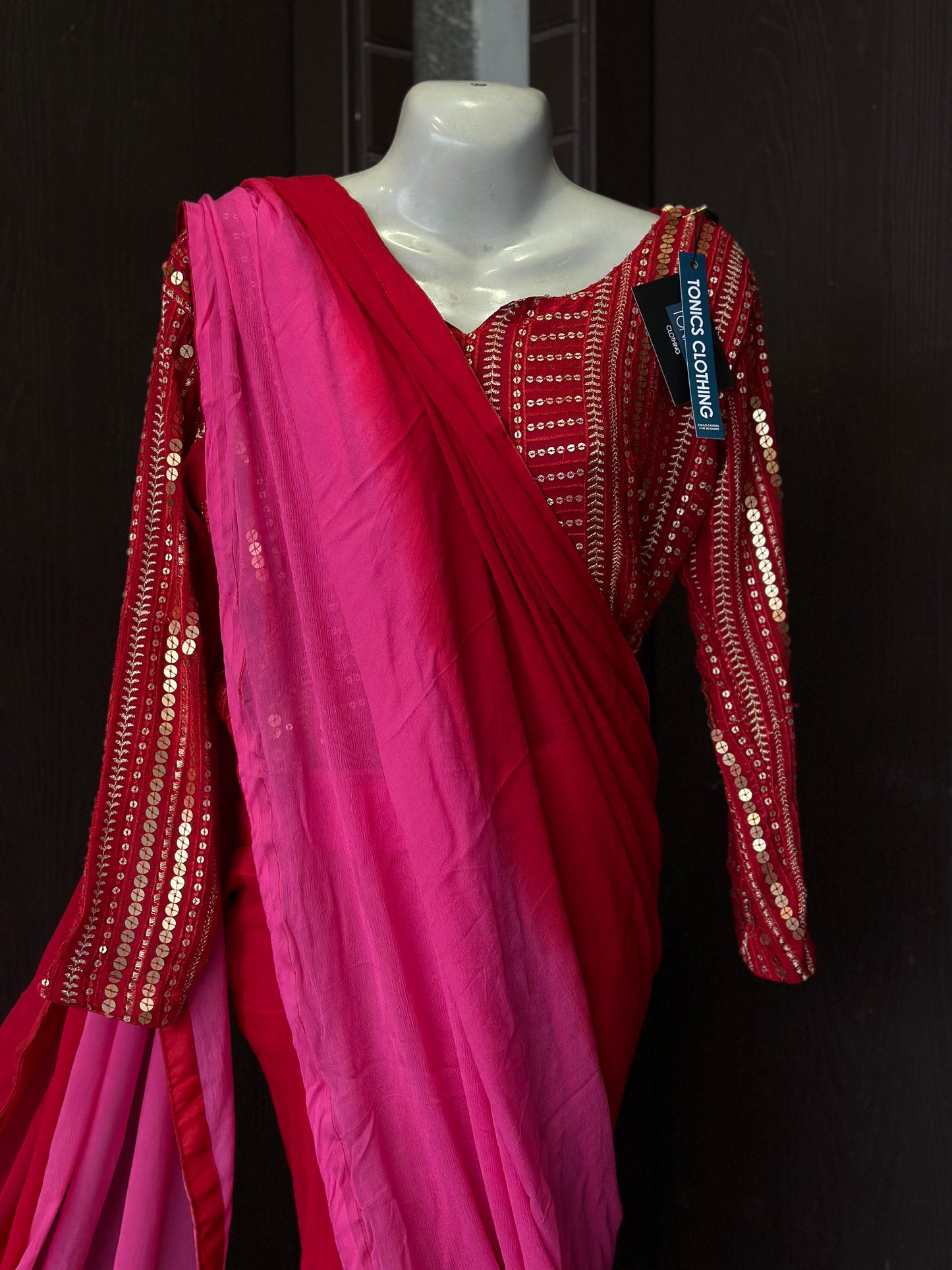 Georgette chiffon saree | Golden embroidery blouse | Stitched