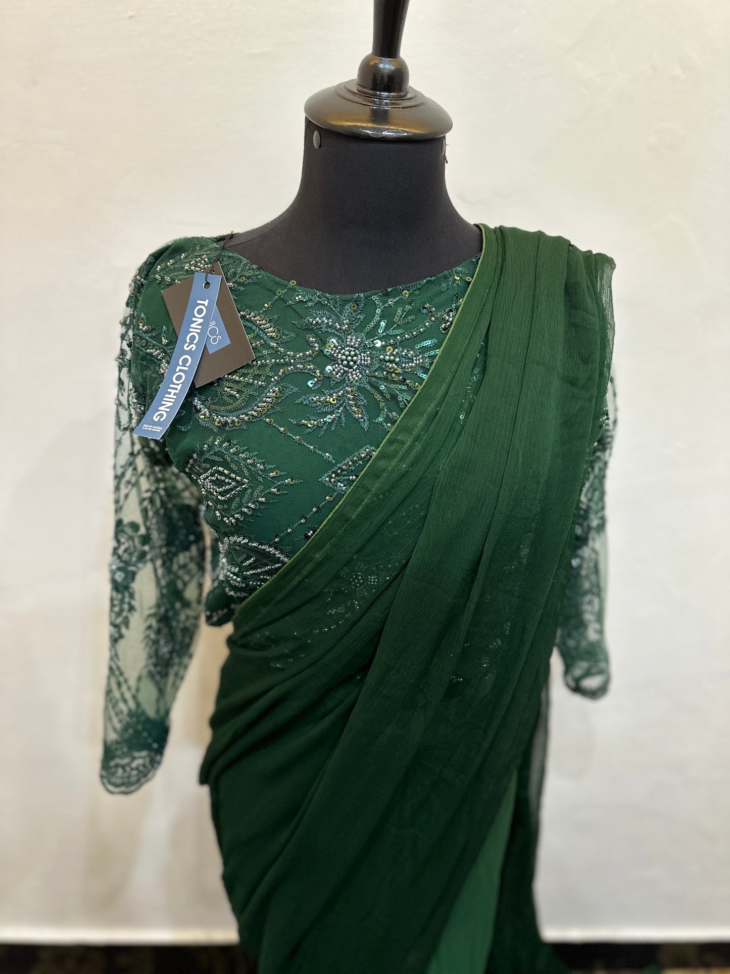 Chiffon Saree with cut moti work net blouse | Stitched