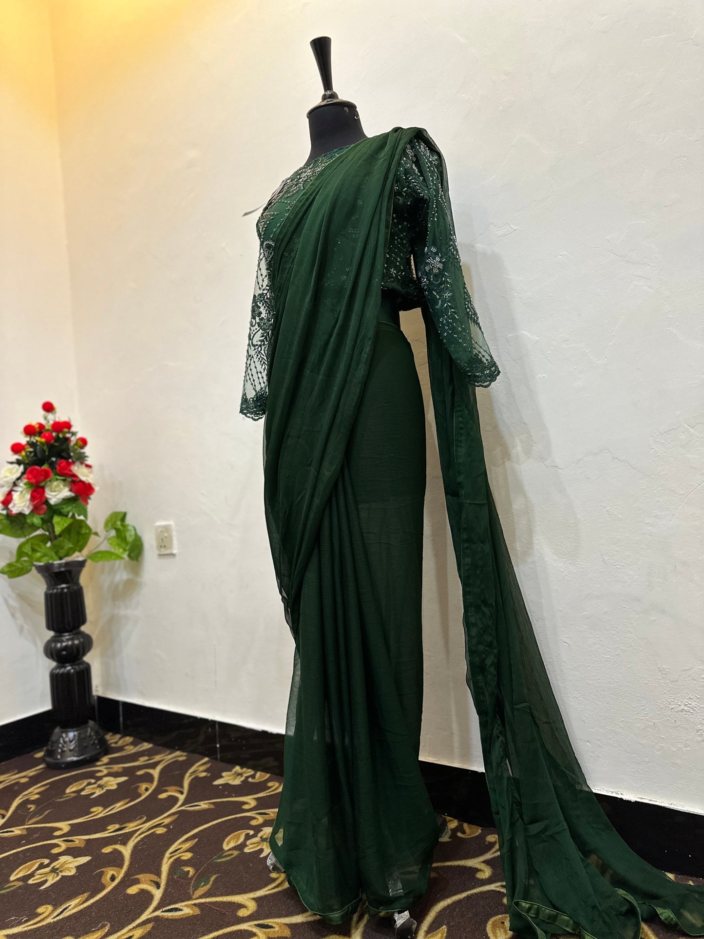 Chiffon Saree with cut moti work net blouse | Stitched