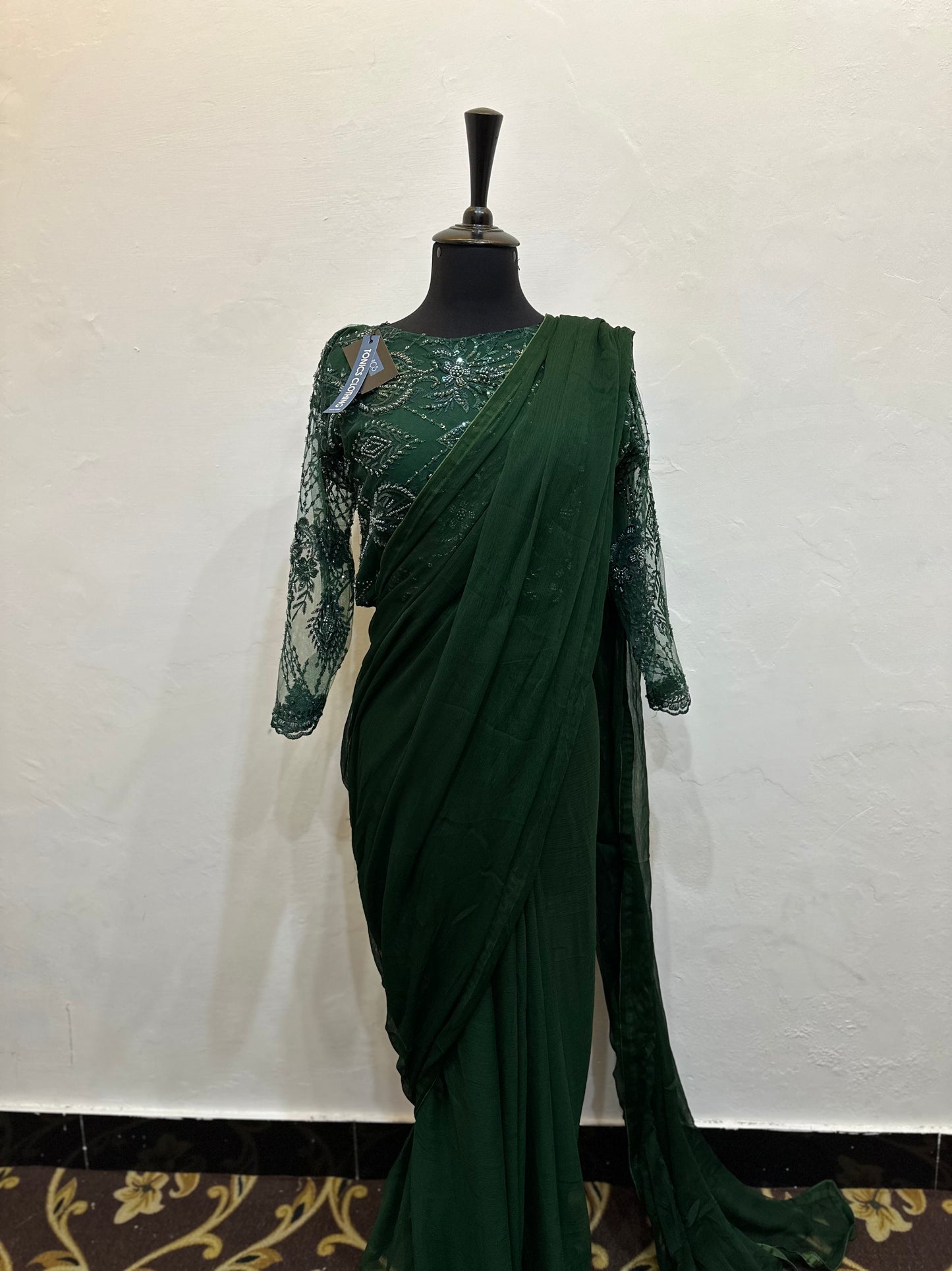Chiffon Saree with cut moti work net blouse | Stitched