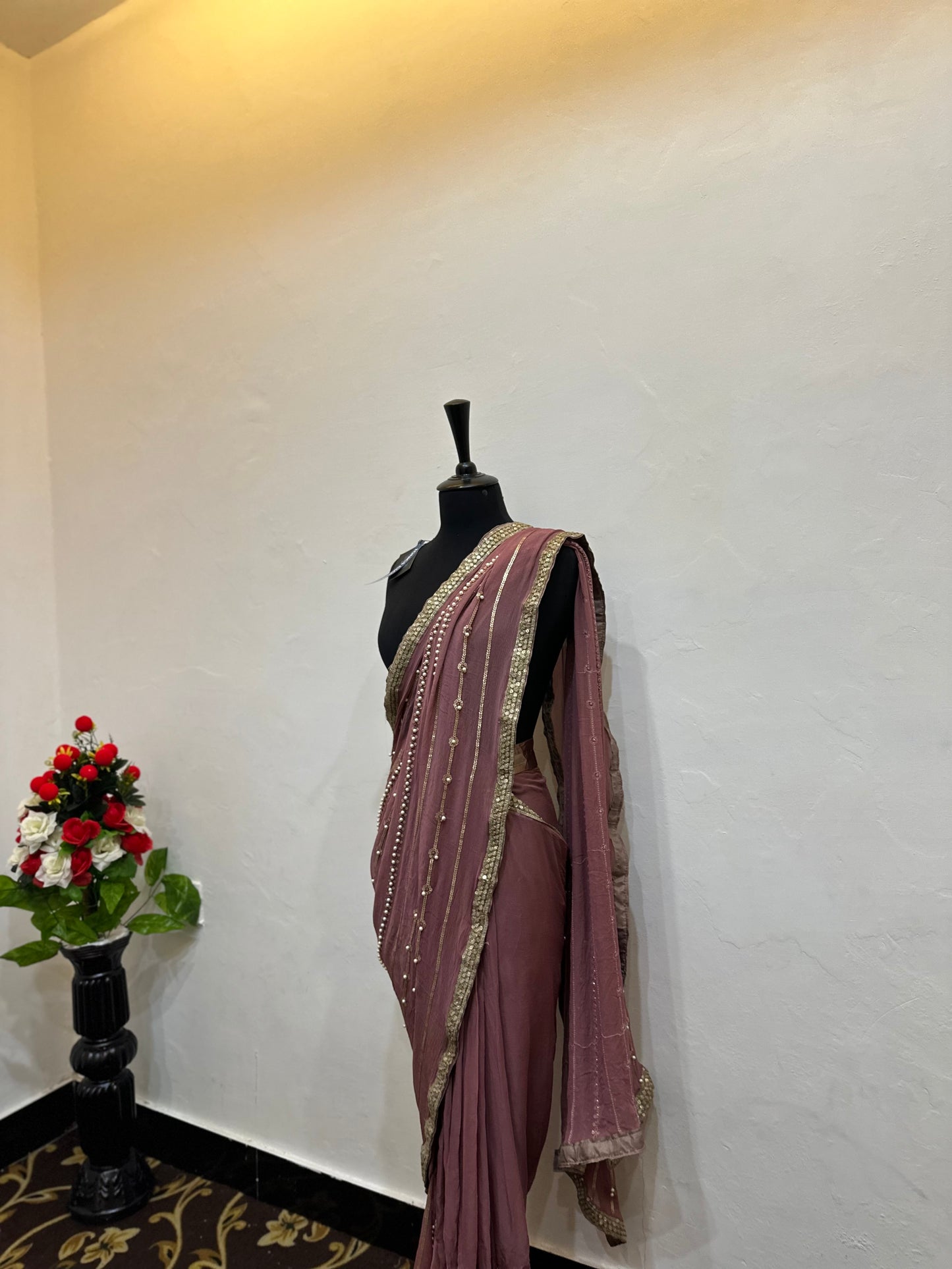 Chiffon saree with pearls work | silk blouse | stitched