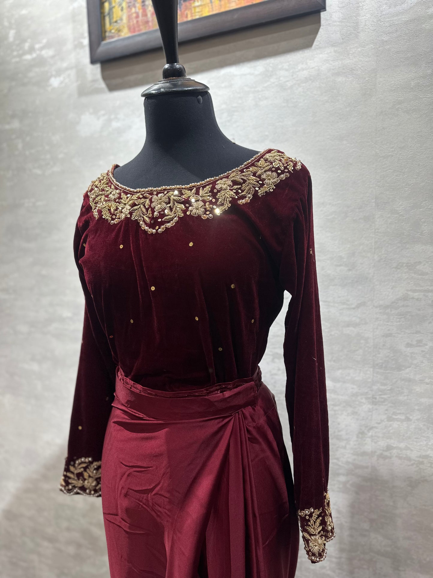 Maroon Silk Saree with Velvet Blouse