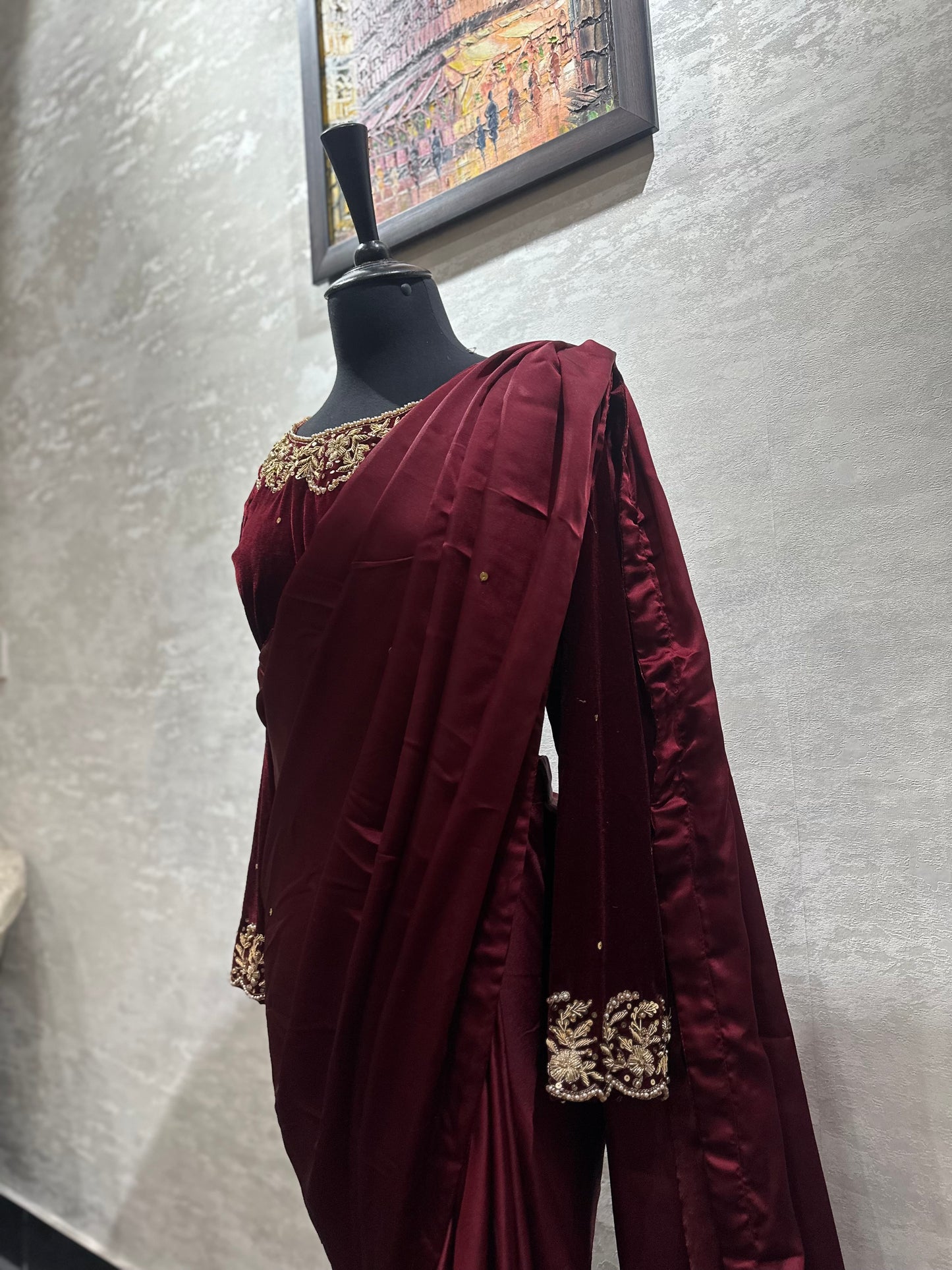 Maroon Silk Saree with Velvet Blouse