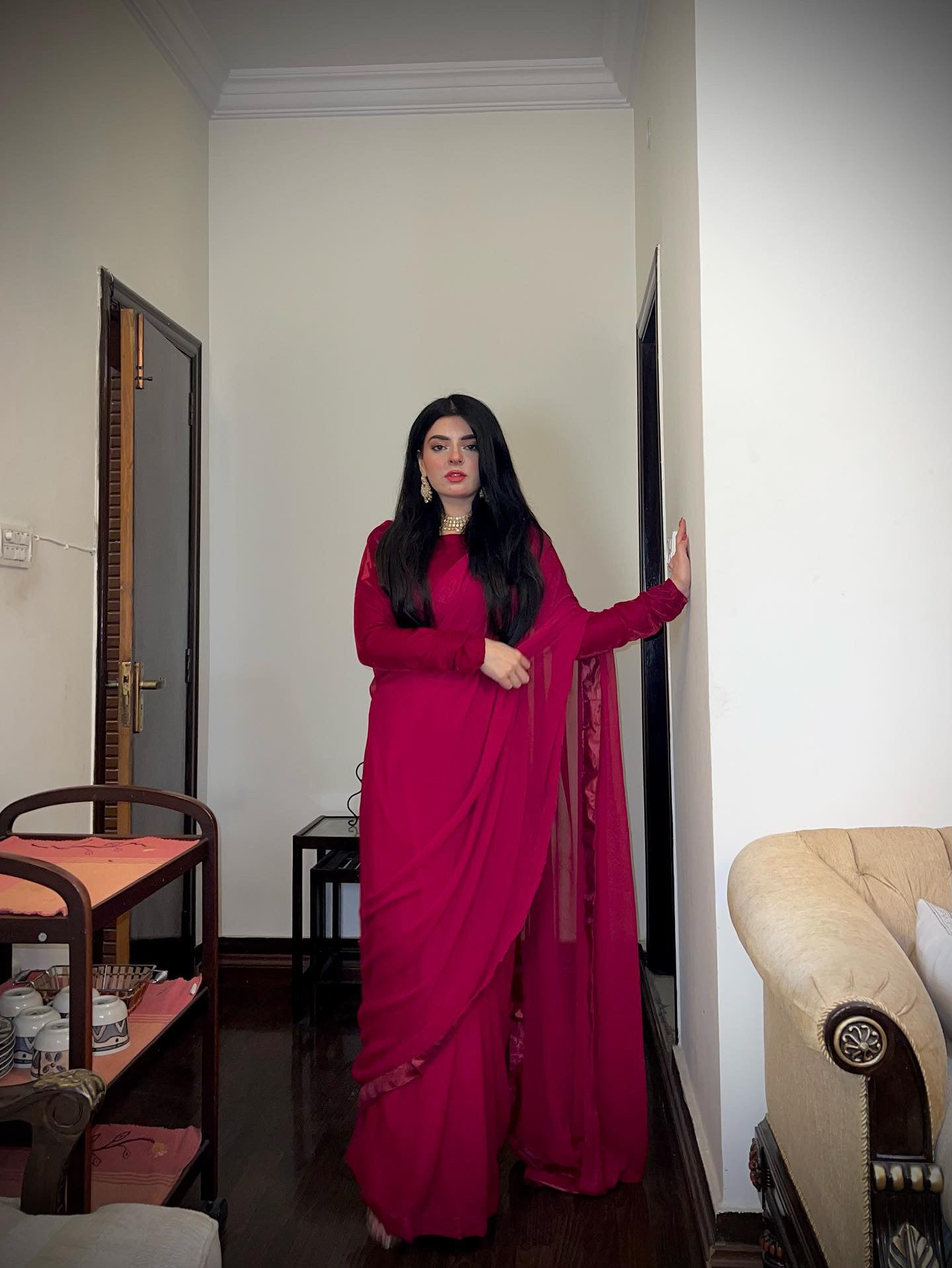 Chiffon Saree with Velvet Blouse
