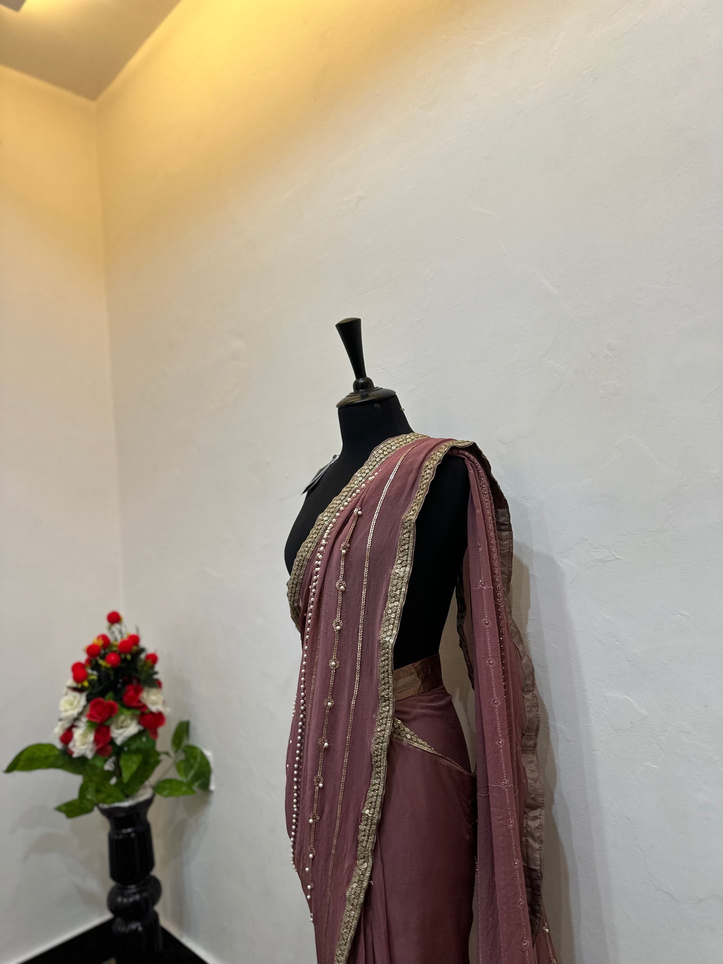 Chiffon saree with pearls work | silk blouse | stitched