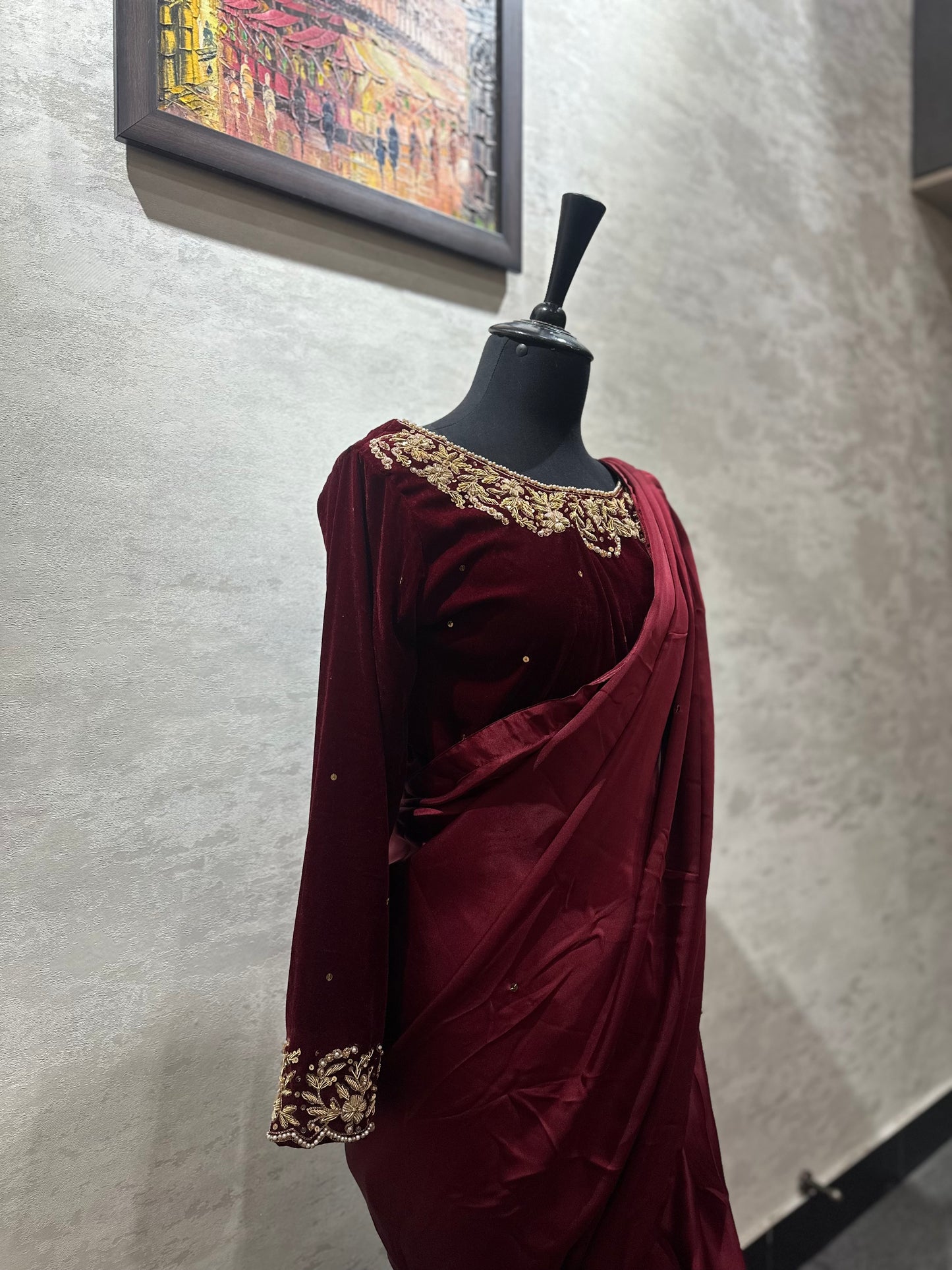 Maroon Silk Saree with Velvet Blouse
