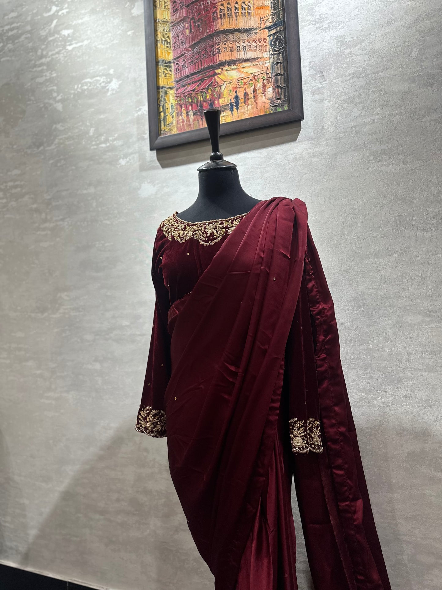 Maroon Silk Saree with Velvet Blouse