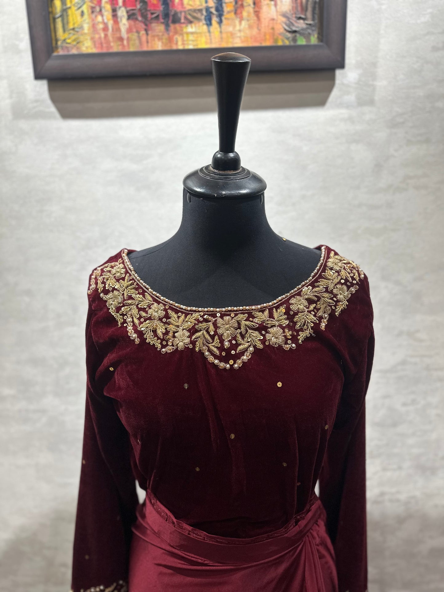 Maroon Silk Saree with Velvet Blouse