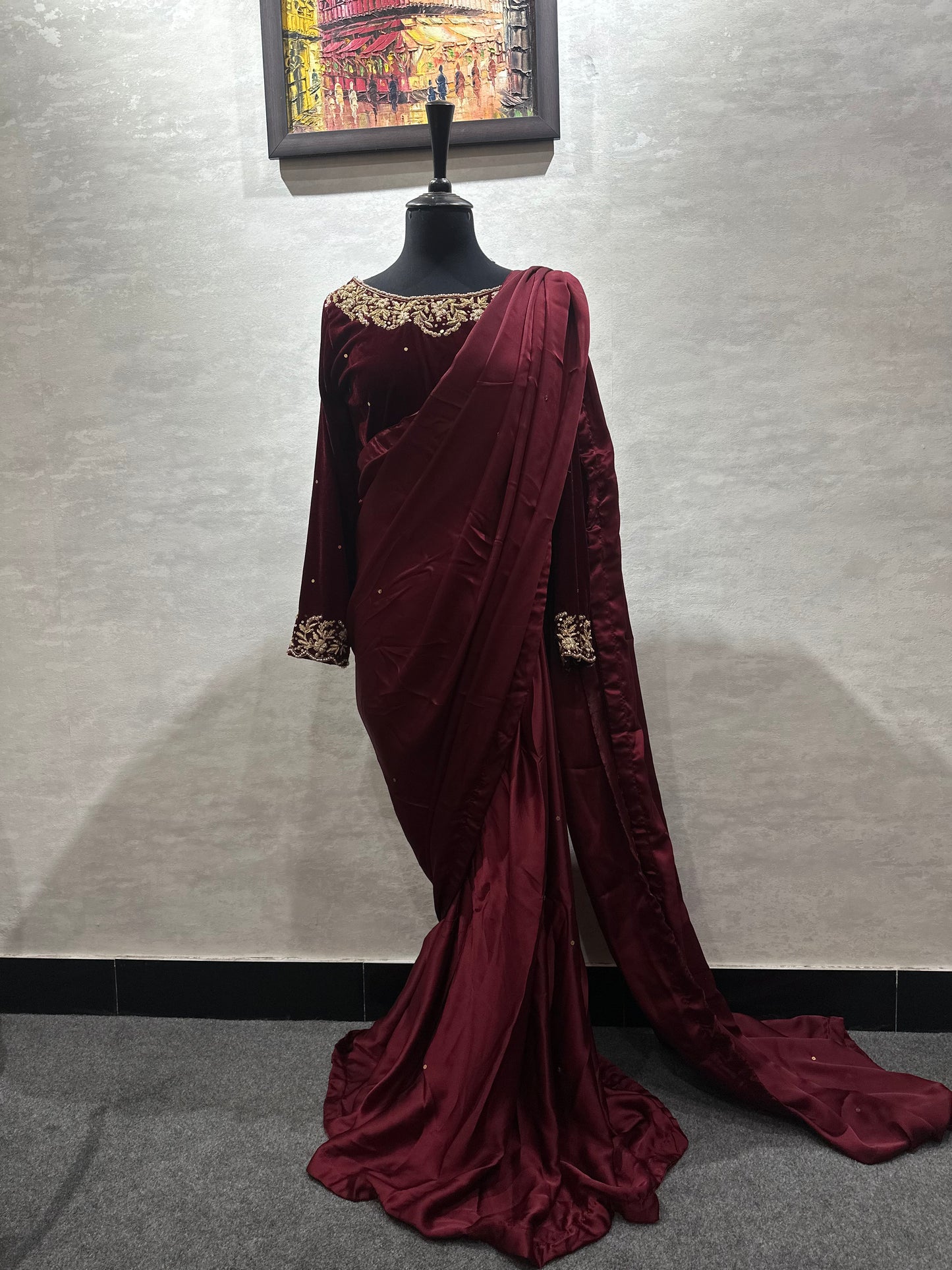Maroon Silk Saree with Velvet Blouse