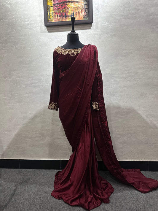 Maroon Silk Saree with Velvet Blouse